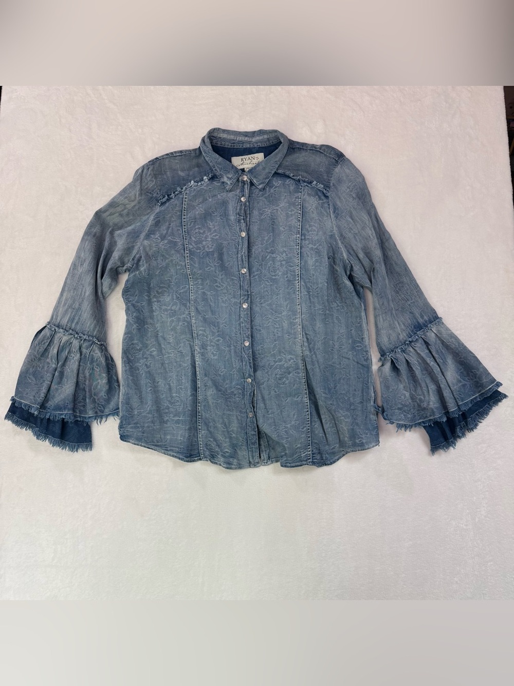 Ryan Michael Women's Denim Bell Sleeve Pearl Snap Button Western Shirt XXL
